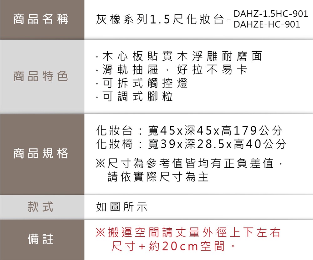 商品名稱灰橡系列15尺化妝台-DAHZ-15HC-901DAHZE-HC-901商品特色商品規格款式備註·木心板貼實木浮雕耐磨面·滑軌抽屜,好拉不易卡.可拆式觸控燈.可調式腳粒化妝台:寬45x深45x高179公分化妝椅:寬39x深28.5x高40公分尺寸為參考值皆均有正負差值,請依實際尺寸為主如圖所示※搬運空間請外徑上下左右尺寸+約20cm 空間。