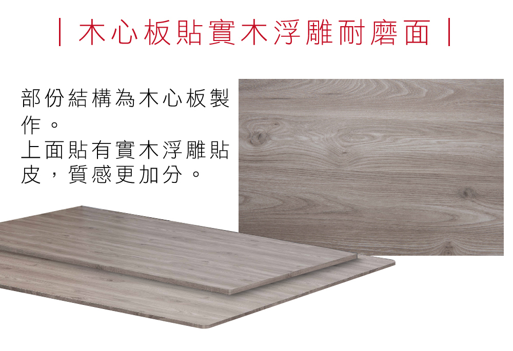 木心板貼實木浮雕耐磨面|部份結構為木心板製作。上面貼有實木浮雕貼皮,質感更加分。