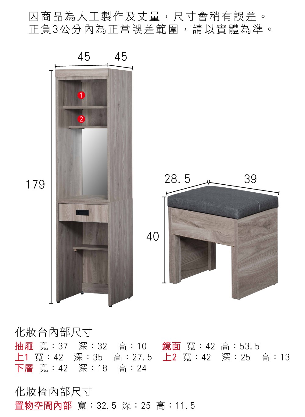 因商品為人工製作及丈量,尺寸會稍有誤差。正負3公分內為正常誤差範圍,請以實體為準。45 45179124028.539化妝台內部尺寸抽屜 寬:37 深:321 寬:42 深:35下層 寬:42 深:18高:10鏡面 寬:42 高:53.5高:27.5上2 寬:42 深:25 高:13高:24化妝椅內部尺寸置物空間內部寬:32.5深:25 高:11.5