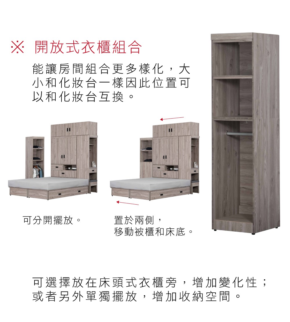 ※ 開放式衣櫃組合能讓房間組合更多樣化,大小和化妝台一樣因此位置可以和化妝台互換。可分開擺放。置於兩側,移動被櫃和床底。可選擇放在床頭式衣櫃旁,增加變化性;或者另外單獨擺放,增加收納空間。