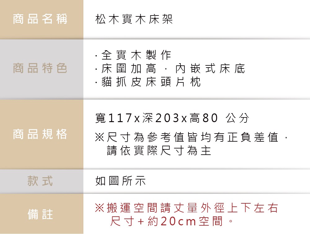 商品名稱松木實木床架商品特色商品規格全實木製作·床圍加高,內嵌式床底·貓抓皮床頭片枕寬117 x 深 203x高80公分※尺寸為參考值皆均有正負差值,請依實際尺寸為主款式如圖所示備註※搬運空間請丈量外徑上下左右尺寸+約20cm空間。