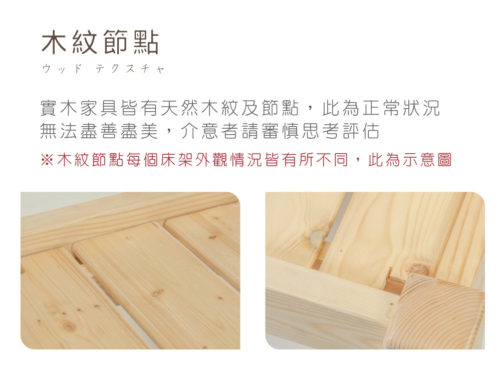 木紋節點ウッドテクスチャ實木家具皆有天然木紋及節點,此為正常狀況無法盡善盡美,介意者請審慎思考評估※木紋節點每個床架外觀情況皆有所不同,此為示意圖