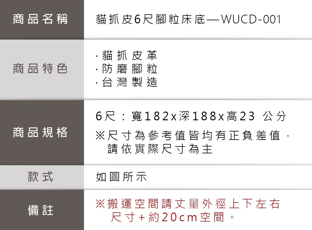 商品名稱商品特色商品規格款式備註貓抓皮6尺腳粒床底-001貓抓皮革·防磨腳粒·台灣製造6尺:寬182x深188x高23 公分尺寸為參考值皆均有正負差值,請依實際尺寸為主如圖所示※搬運空間請外徑上下左右尺寸+約20cm空間。