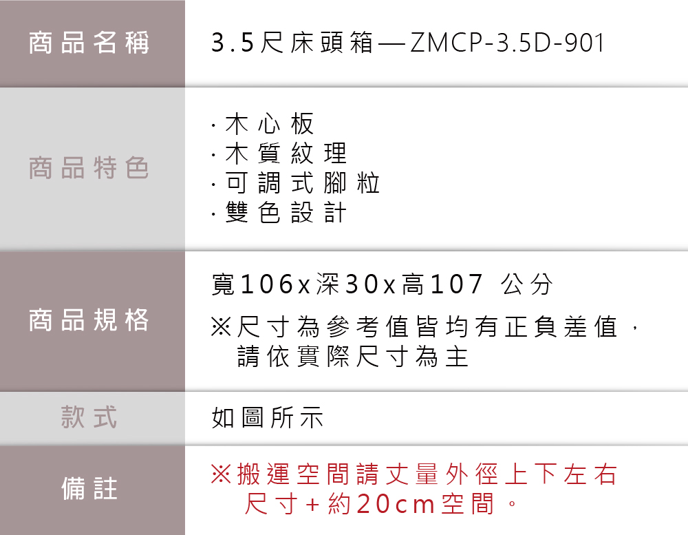 商品名稱商品特色商品規格35尺床頭箱-ZMCP-35D-901木心板·木質紋理.可調式腳粒.雙色設計寬106x深30x高107 公分尺寸為參考值皆均有正負差值,請依實際尺寸為主款式如圖所示備註※搬運空間請外徑上下左右尺寸+約20cm空間。