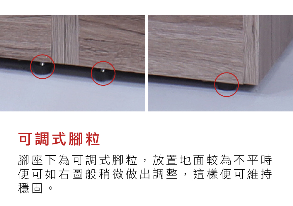 可調式腳粒腳座下為可調式腳粒,放置地面較為不平時便可如右圖般稍微做出調整,這樣便可維持穩固。