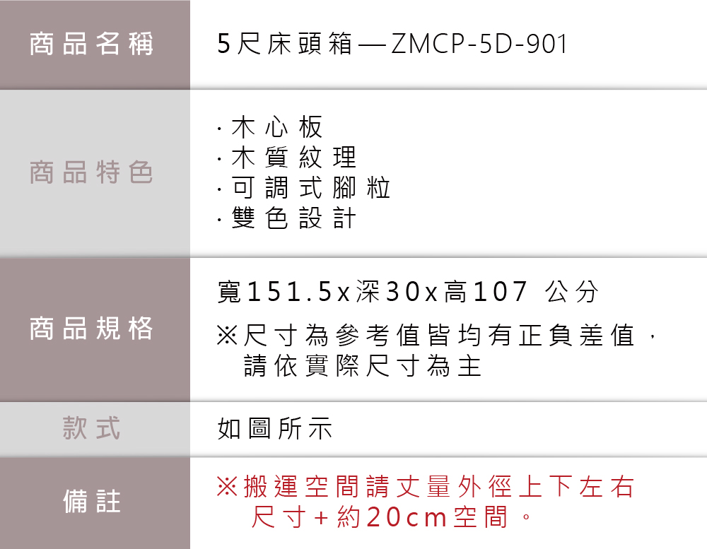商品名稱商品特色商品規格款式備註5尺床頭箱-5D-901木心板·木質紋理可調式腳粒雙色設計寬151.5x深30x高107 公分※尺寸為參考值皆均有正負差值,請依實際尺寸為主如圖所示※搬運空間請丈量外徑上下左右尺寸+約20cm空間。